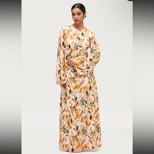 veiled collection cotton linen asymmetric maxi dress in sunset watercolor